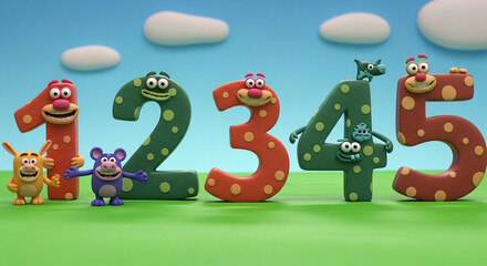 Fototapeta premium Claymation numbers 1 to 5 with fun animals