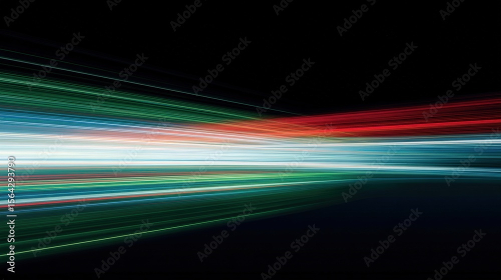 Aufkleber Abstract colorful light trails in motion creating dynamic streaks of red green blue and white on a black background for digital art and technology themes