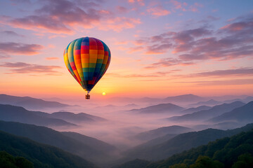 Fototapeta premium Vibrant hot air balloon drifting over misty mountain peaks at sunrise colorful sunset