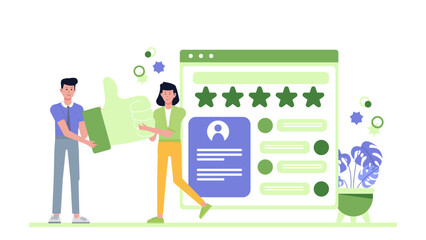 Positive online review with happy people giving five stars, ideal for promoting customer satisfaction, social media marketing, and online reputation management.