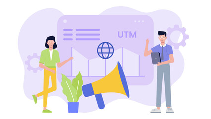 UTM marketing concept explained by two individuals. Perfect for blog posts, digital marketing websites, and social media campaigns.