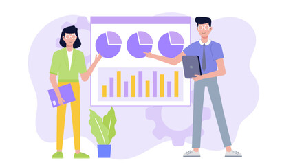 Two people presenting business charts, suitable for presentations, reports, financial analysis, corporate meetings, teamwork collaboration concepts.