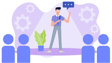 Obraz premium Man presenting to audience, engaging viewers, speaking in front of group, business presentation, public speaking, conference, professional development training.