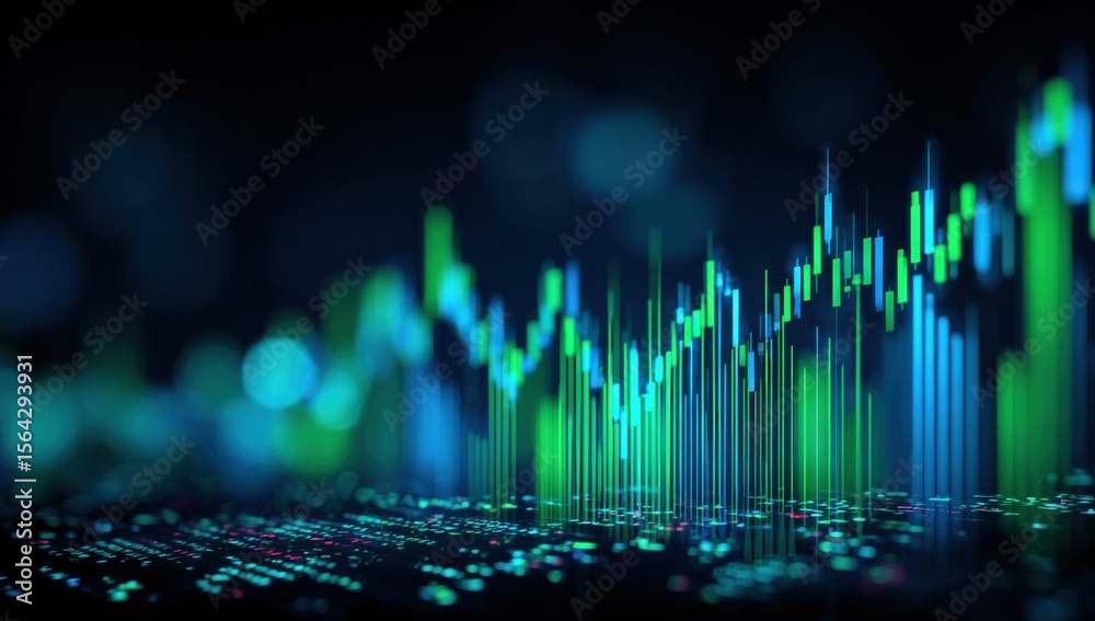 Poster digital stock market chart with glowing green and blue lines showing upward trend and financial data