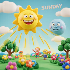 Claymation sunday with smiling sun & moon
