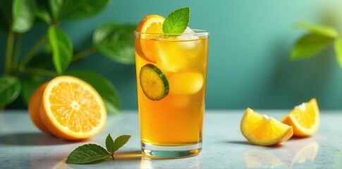 Fototapeta premium Refreshing cold brew cucumber orange iced tea in glasses, orange, healthy, citrus
