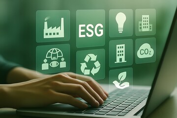 Person typing on laptop displaying environmental icons hands screen