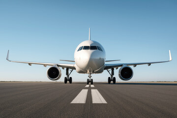 White commercial jet airplane on tarmac under clear blue sky aircraft transport