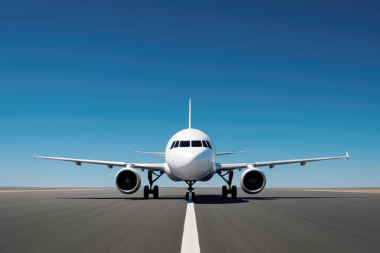 White airplane front view on tarmac under clear blue sky aircraft commercial airliner