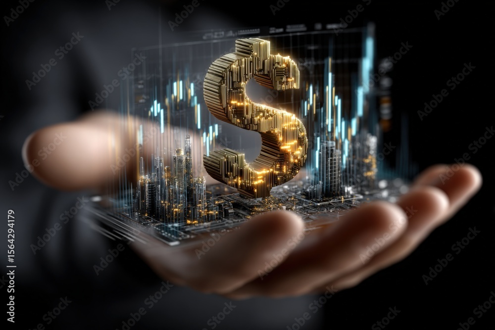 Poster Digital Financial Technology Concept with Gold Dollar Sign Symbol and Stock Market Data Visualization in a Hand