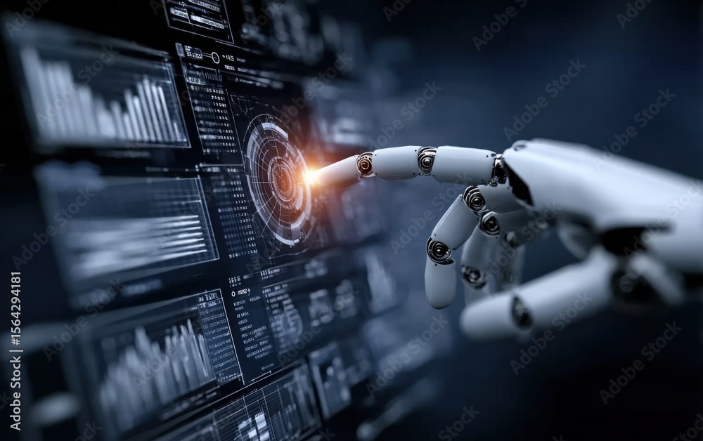 Poster Innovative robotic hand interacting with futuristic digital interface displaying data graphs and charts in a high-tech environment