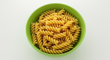 Green Bowl Full of Rotini Pasta on White