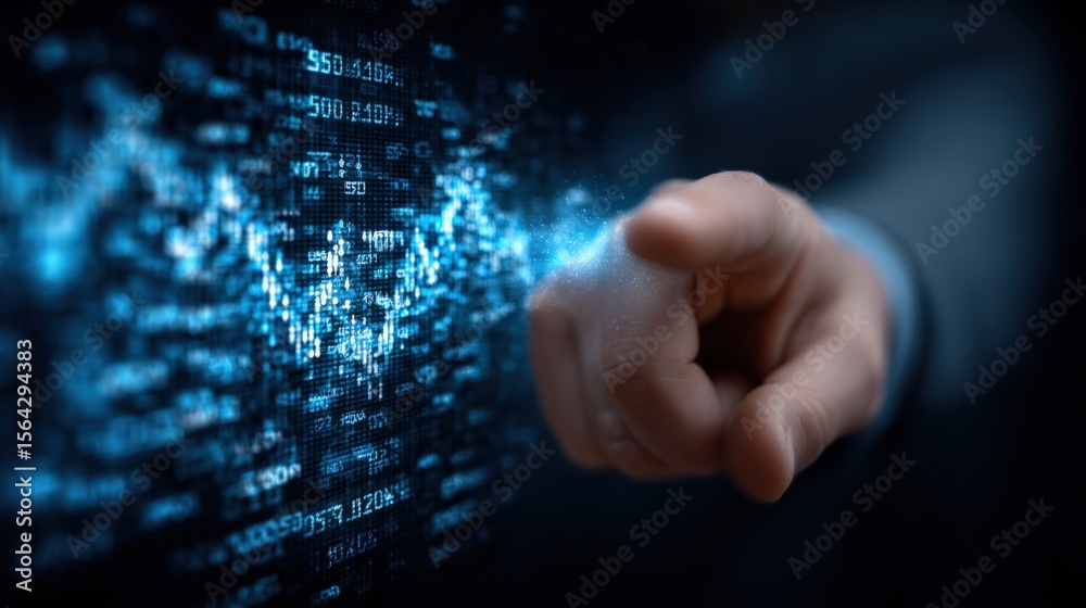 Poster Businessman interacting with digital data hologram of binary code and futuristic interface in a modern high-tech environment