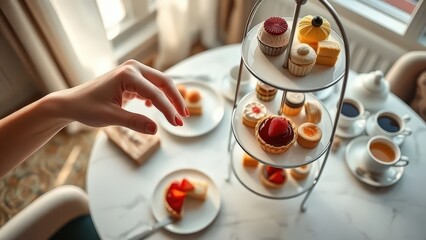 a high tea service with a woman's hand reaching for a strawberry dessert