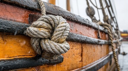 Fototapeta premium Close-up shows a nautical rope tied securely to a classic wooden ship. Perfect for themes of sailing, exploration, history, and craftsmanship.