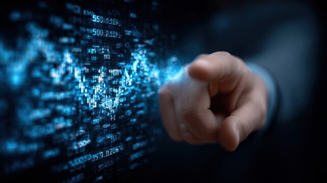 Businessman interacting with digital data hologram of binary code and futuristic interface in a modern high-tech environment - Powered by Adobe