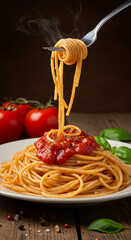 Steaming Spaghetti with Tomato Sauce on Fork and Plate