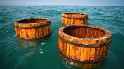 Weathered Wooden Buckets Float on a Calm Teal Ocean