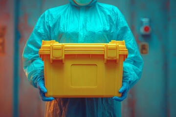 Scientist Handling Hazardous Material in Lab Yellow Container Safety Protocols Clean Environment Close-Up View
