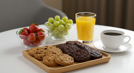Breakfast Still Life: Berries, Grapes, Cookies, Juice, and Coffee