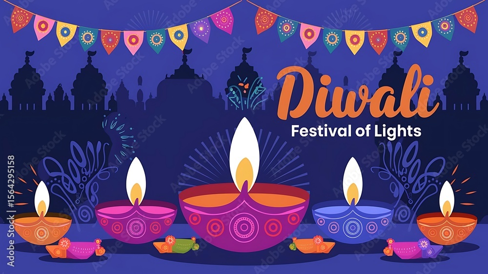 Fototapete happy diwali abstract geometric mosaic greeting card flat design template with festive diya, created