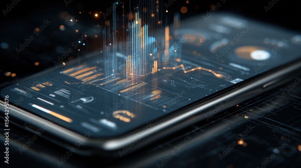 Poster Futuristic smartphone with digital interface displays holographic data visualization and glowing data streams in a high-tech environment