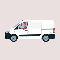 White Delivery Van Driven by Man in Red Shirt and Cap driver 2