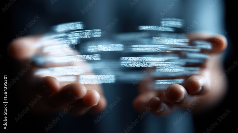 Poster Hands Holding a Digital Screen with Moving Data and Abstract Binary Code in a Modern Technology Concept Scene for Future Innovation