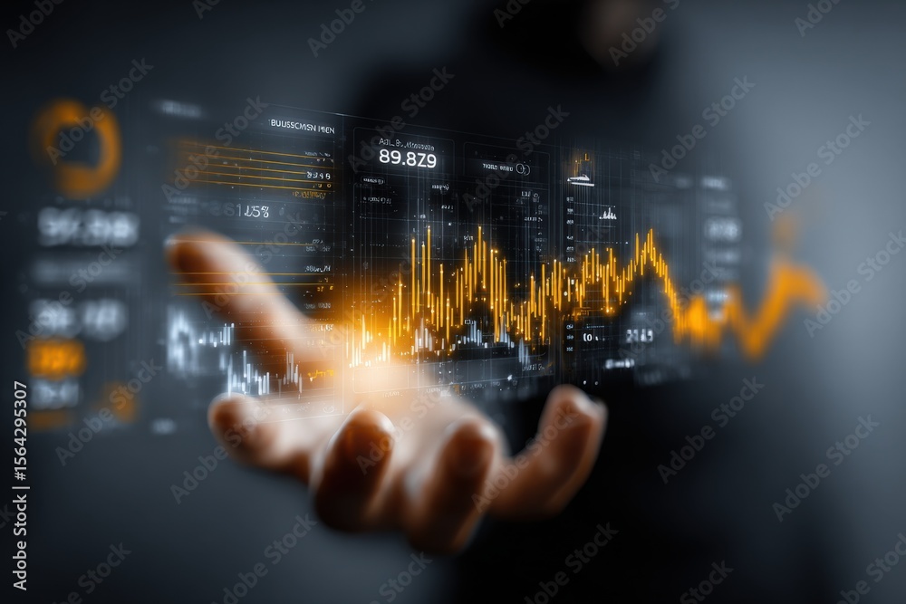 Aufkleber Close-up of a businessman holding a digital transparent display with stock market graph and charts showing financial data analysis