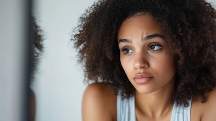 Young woman looking at herself in the mirror with a torn expression, reflecting on her battle with addiction. 