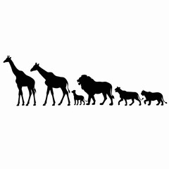 Silhouettes of various African savanna animals—including giraffe, antelope, lion, rhinoceros, and others—lined up in a row on a white background, showcasing wildlife diversity in bold black shapes.


