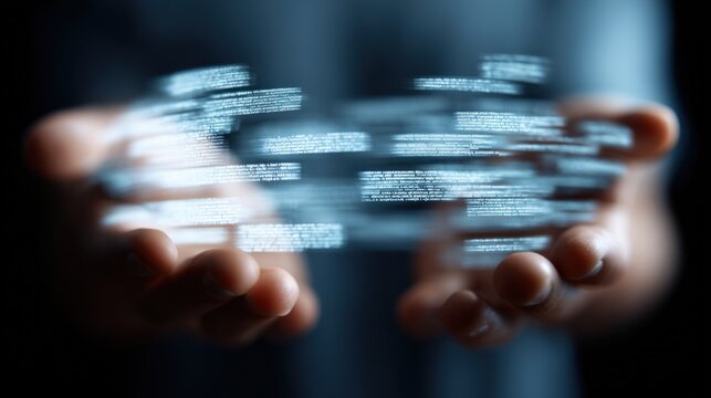 Hands Holding a Digital Screen with Moving Data and Abstract Binary Code in a Modern Technology Concept Scene for Future Innovation