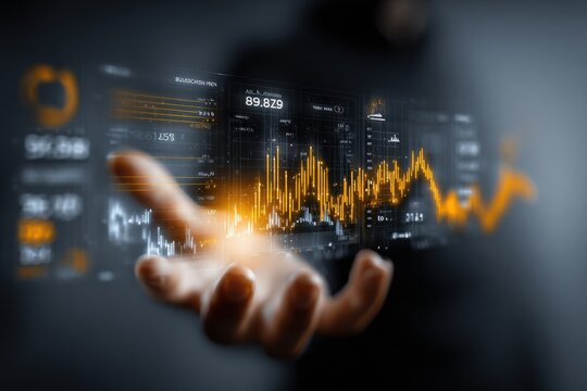 Close-up of a businessman holding a digital transparent display with stock market graph and charts showing financial data analysis