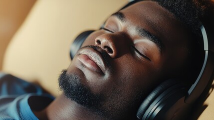 Young man listening to calming music through headphones while participating in music therapy. 