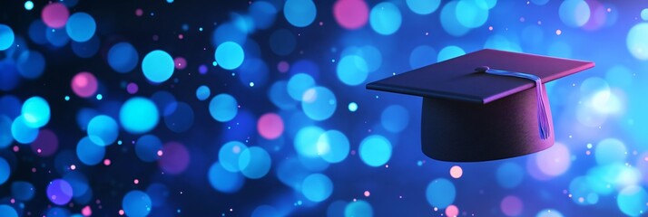 Black graduation cap with blue tassel on a vibrant bokeh background. Education success, academic achievement, and future concept.