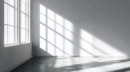 Fototapeta premium Bright sunlight streaming through large window casting geometric shadow patterns on empty white wall and floor in minimal room decor