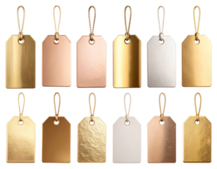 Set of Gold and Rose Gold Metal Tags with Elegant Finish, isolated on transparent background