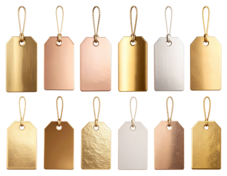 Set of Gold and Rose Gold Metal Tags with Elegant Finish, isolated on transparent background