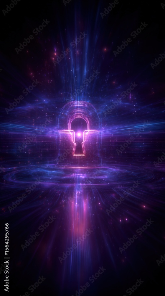 Poster Futuristic digital abstract with neon glowing lock symbol and vibrant light beams in a cosmic space background for technology security and digital encryption concepts