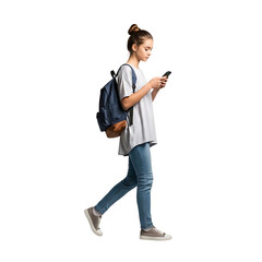 Stock photo of young woman walking with backpack using phone isolated on black background full body shot
