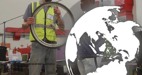 Globe sliding right revealing technicians inspecting and truing bike wheel in shop for alignment - Powered by Adobe
