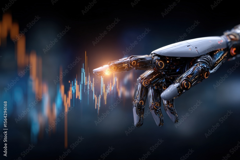Poster Futuristic robotic hand reaching out with glowing fingertips over digital stock market chart with colorful lines and data visualization