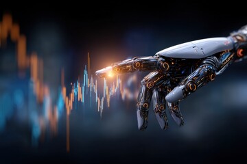 Futuristic robotic hand reaching out with glowing fingertips over digital stock market chart with colorful lines and data visualization