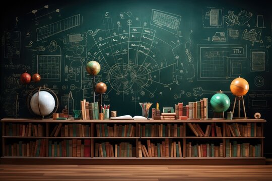 Shelf with books and globes in classroom by large chalkboard with mathematical formulas, for education or knowledge concept.
