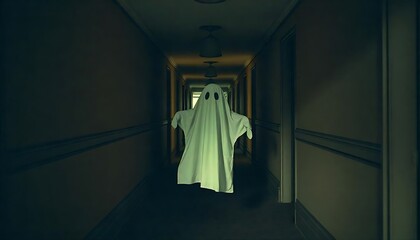 sheet ghost in a hallway of a vintage retro hotel corridor dark tone, created with generative ai