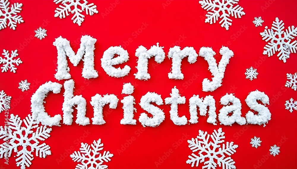 Fototapete the word 'merry christmas' created using snow-textured font, surrounded by decorative snowflakes on 
