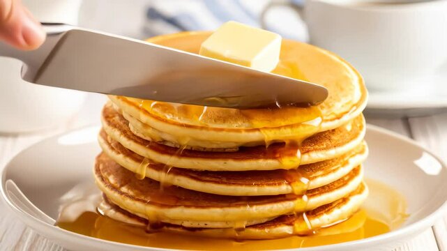 Syrup is poured onto a stack of golden brown pancakes on a white plate
