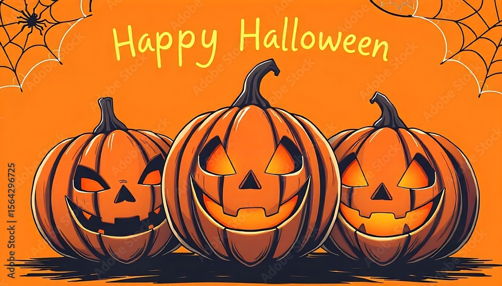 Fototapete three carved jack-o'-lanterns with spooky faces against an orange background with spider webs, celeb