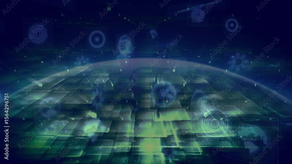 Poster grid plane emerging triggers data bits floating and grid panels shifting visualizing digital layers