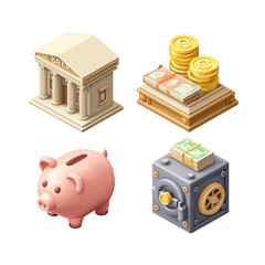 Isometric 3D illustrations of financial - related objects: bank building, stacks of coins and bills, piggy bank, and safe for financial, banking, or savings - themed designs 
